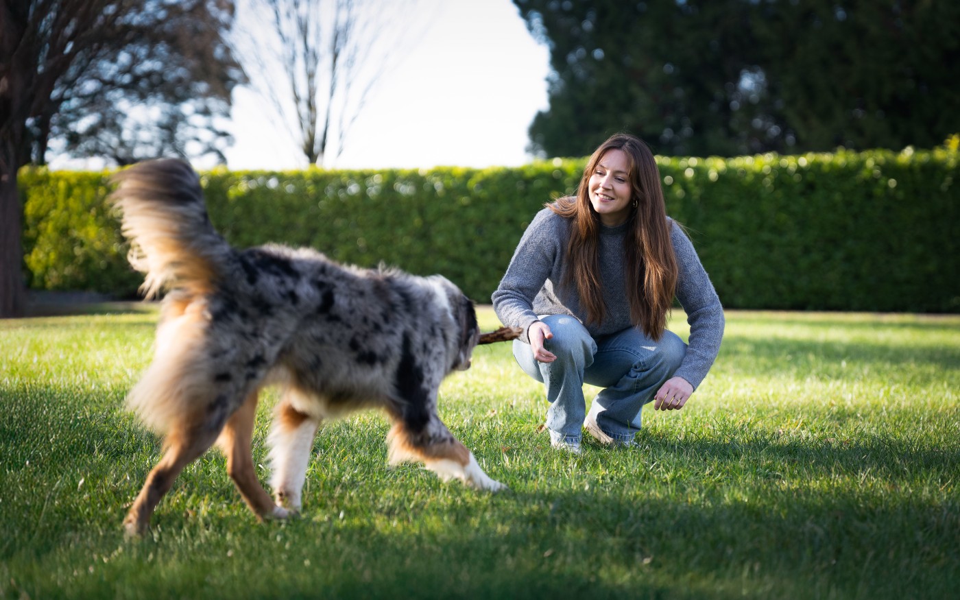 Mujer jugando con su perro en el césped